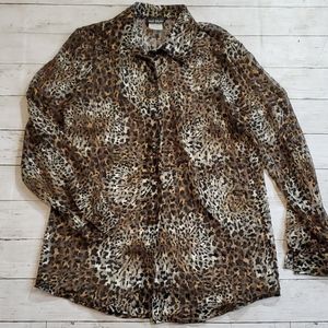 Vintage 80's sheer long sleeve cheetah print button down metallic gold threading
